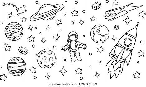 Doodle cosmos collection: astronaut, planets, stars, rocket and comet, great design for any purposes on isolated backdrop. Science vector illustration about space exploration.