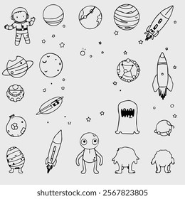 Doodle Cosmos Collection Astronauts, Planets, Stars, Rockets, Aliens, and Monsters for Creative Design. Science and Space Exploration Vector