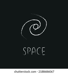 Doodle cosmos illustration in childish style. Hand drawn space card with lettering, spiral. Black and white. Vector line print, design, banner, poster.