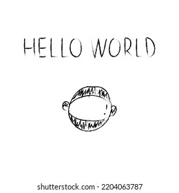 Doodle cosmos illustration in childish style. Hand drawn space card with lettering hello world, astronaut. Black and white. Vector line print, design, banner, poster.