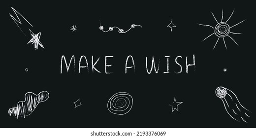 Doodle cosmos illustration set in childish style, design clipart. Hand drawn abstract space elements with lettering. Black and white. Vector line print, banner, poster.