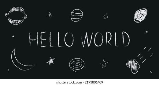 Doodle cosmos illustration set in childish style, design clipart. Hand drawn abstract space elements with lettering. Black and white. Vector line print, banner, poster.