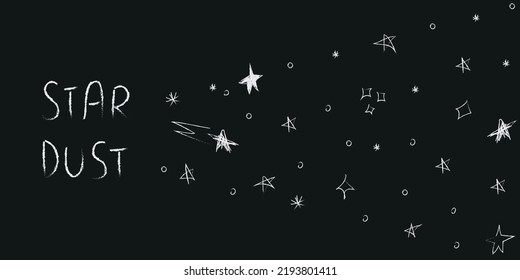 Doodle cosmos illustration set in childish style, design clipart. Hand drawn abstract space star dust. Black and white. Vector line print, banner, poster.