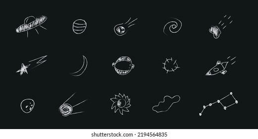 Doodle cosmos illustration set in childish style, design clipart. Hand drawn abstract space elements with lettering. Black and white. Vector line print, banner, poster.