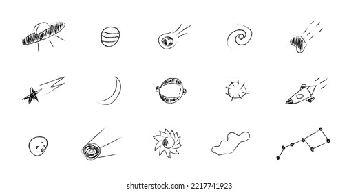 Doodle cosmos illustration set in childish style, design clipart. Hand drawn abstract space element. Black and white. Vector line print, banner, poster.