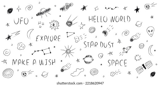 Doodle cosmos illustration set in childish style, design clipart. Hand drawn abstract space elements with lettering. Black and white. Vector line print, banner, poster.
