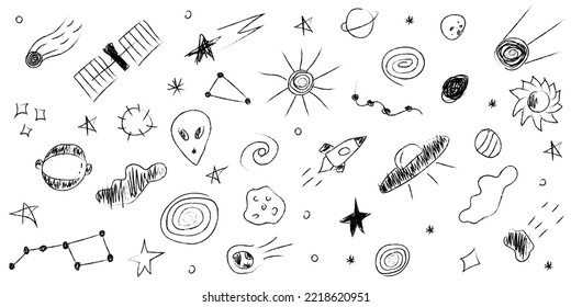 Doodle cosmos illustration set in childish style, design clipart. Hand drawn abstract space elements. Black and white. Vector line print, banner, poster.