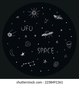 Doodle cosmos illustration set in childish style in circle, design clipart. Hand drawn abstract space elements with lettering. Black and white.  Vector line print, banner, poster.