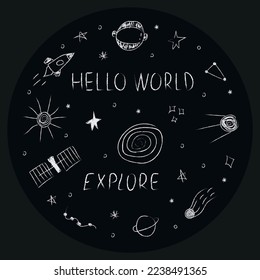 Doodle cosmos illustration set in childish style in circle, design clipart. Hand drawn abstract space elements with lettering. Black and white.  Vector line print, banner, poster.