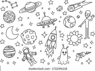 Doodle cosmos illustration set, design elements for any purposes. Hand drawn abstract space ship, planets, stars and ufo. Vector line print or banner.
