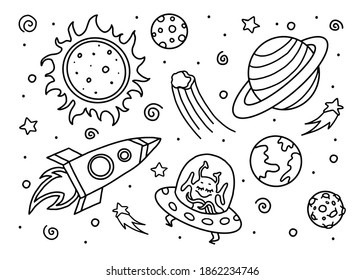 Doodle cosmos illustration set, design elements for any purposes. Hand drawn abstract space ship, planets, stars and ufo. Vector line print or banner.