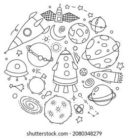 Doodle cosmos illustration set, design elements for any purposes. Hand drawn abstract space ship, planets, stars and ufo.