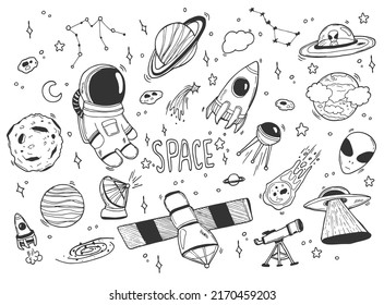 Doodle cosmos illustration set, design elements for any purposes. Hand drawn abstract space ship, planets, stars and ufo. Vector line print or banner.