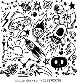 Conjunto De Ilustración Doodle Cosmos, Elemento De Diseño Para Cualquier Propósito. Planetas, estrellas y Ufo. Impresión o pancarta de contorno del vector.