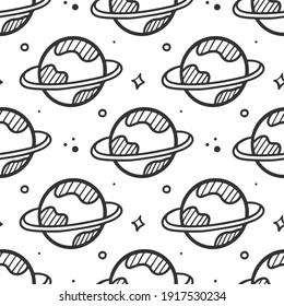 Doodle cosmos and planets vector seamless pattern background.