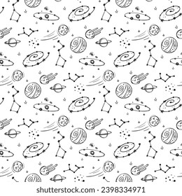 Doodle cosmos seamless pattern. Monochrome design elements, hand drawn texture background with planets, constellations and stars. Vector illustration