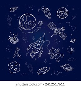 Doodle cosmos set, design elements for any purposes. Hand drawn collection of space ship, planets, constellations, stars and ufo. Vector illustration