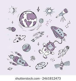Doodle cosmos set, design elements for any purposes. Hand drawn collection of spaceship, planets, constellations, stars and ufo. Astronaut in space. Vector illustration