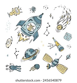 Doodle cosmos set isolated on white background. Collection of design elements for any purposes. Hand drawn set of colorful space ship, planets, stars, aliens and ufo. Vector illustration