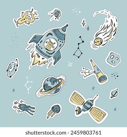 Doodle cosmos set. Sticker pack, collection of design elements for any purposes. Hand drawn set of colorful space ship, planets, stars, aliens and ufo. Vector illustration