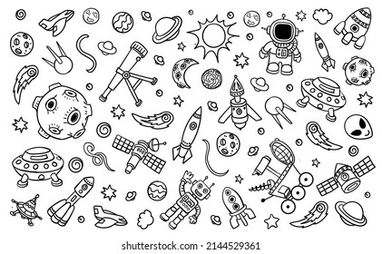 Doodle Cosmos, Space Universe Design Elements Hand Drawn Abstract Space Ship, Planets, Stars And Ufo. Vector Line