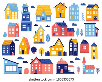 Doodle cottages. Cute tiny town houses, minimal suburban houses, residential town buildings vector icons. Exterior tiny village building, illustration of home cartoon architecture, urban residential