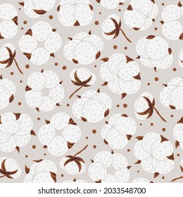 Patrón de flores sin soldadura de algodón de Doodle. Montaje de pelotas de algodón blanco suave, planta de flor de algodón dibujada a mano aislado de ilustraciones vectoriales