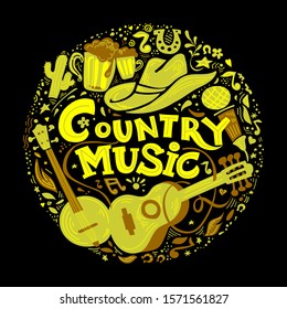 Doodle country festival retro poster vector template. Yellow hand drawn lettering.Banjo and acoustic guitar, microphone, beer, cowboy hat clipart, cactus. Paint Western vintage illustration