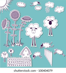 Doodle Country Set, hand drawn set of 3D scrapbook cutouts: sunflowers, clouds, sun, sheep, picket fence etc. Black and white