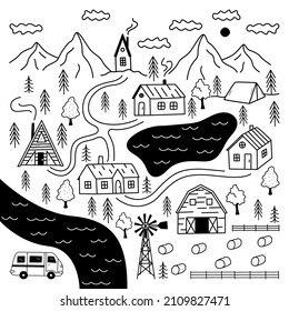 Doodle countryside village map with streets, roads, houses, river, mountains, forest and farm. Hand drawn rural town vector illustration. Kids game, background, design elements