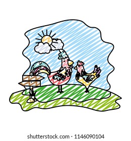 doodle couple chicken farm animal with wood notices