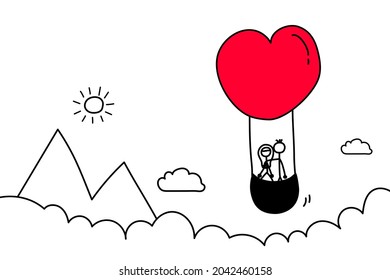 Doodle couple in a hot-air balloon. Hand drawn cartoon. Valentine's Day