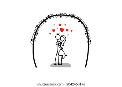 Doodle couple kissing at wedding. Boy kissing girlfriend. Hand drawn cartoon. Valentine's Day