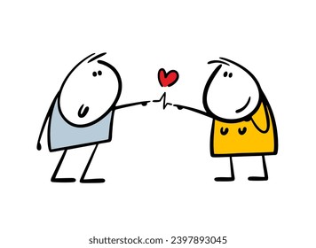 Doodle couple in love stretch out their hands to each other, touch with their fingers and emit an electric current. Vector illustration of man and woman met with heart. Isolated on white background.