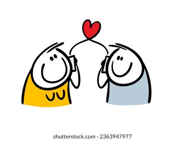 Doodle couple of lovers are talking on the phone. Vector illustration of a romantic conversation with the heart between husband and wife, bride and groom. Funny character isolated on white background.