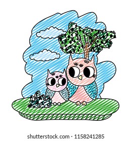 doodle couple owl cute animal in the forest