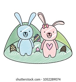 doodle couple rabbit animal with eggs easter