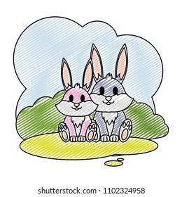 doodle couple rabbit wild animal in the landscape
