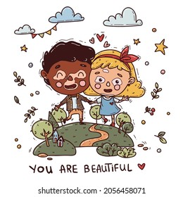 Doodle couple with vitiligo of different nationalities standing together. Vector illustration to support people living with vitiligo.