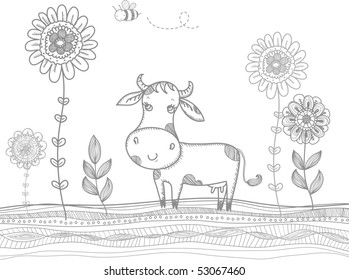 Doodle cow and flowers