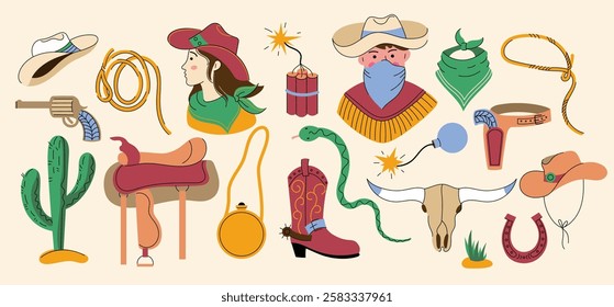 Doodle cowboy set. Cartoon wild west stickers, cute western elements cactus saddle horseshoe lasso bandana cowgirl hat boot. Vector cowboy collection.