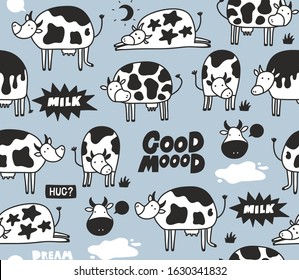 Doodle cows and bulls on blue background with milk. Vector seamless pattern of farm animals.