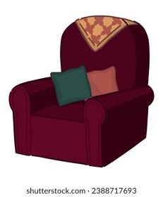 Doodle of cozy armchair and pillows. Clip art comfortable soft chair furniture. Cartoon vector illustration isolated on white.
