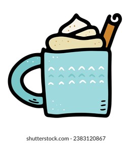 Doodle Cozy scandinavian food vector illustration. A blue cup with hot drink, foam, cream, cinnamon. Eggnog, coffee, cocoa, chocolate, milk on a white background. Winter Christmas holidays mug element