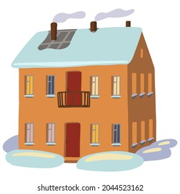 Doodle of cozy snowy apartment house in winter. Lovely building. Hand drawn vector illustration. Simple cartoon drawing isolated on white. Single clipart for christmas decor, sticker, design, card.