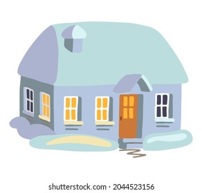 Doodle cozy snowy house in winter  Lovely building  Sweet home  Hand drawn vector illustration  Simple cartoon drawing isolated white  Single clipart for christmas decor  sticker  design  card 