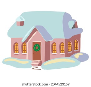 Doodle cozy snowy house in winter  Lovely building  Sweet home  Hand drawn vector illustration  Simple cartoon drawing isolated white  Single clipart for christmas decor  sticker  design  card 
