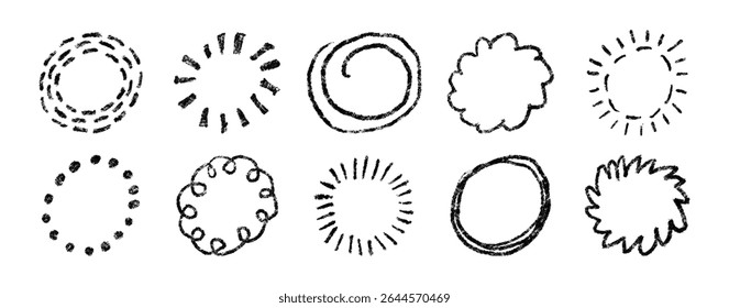 Doodle crayon circle. Hand drawn firework. Sketch brush star. Crayon texture circles. Doodle lines and dots. Hand drawn sparkle. Vector illustration on white background.