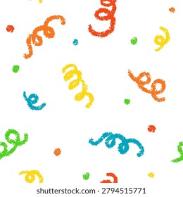 Doodle crayon confetti and streamers seamless pattern. Hand drawn celebration falling confetti. Party firecracker seamless texture. Popper bg. Chalk texture. Vector illustration on white background.