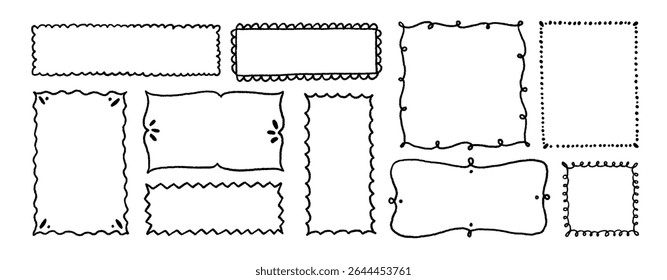 Doodle crayon drawn whimsical frames with spiral, wavy lines, zigzag and dots. Line art cute childish frames. Cute pencil drawn blank rectangles. Simple emphasis rectangular shapes.